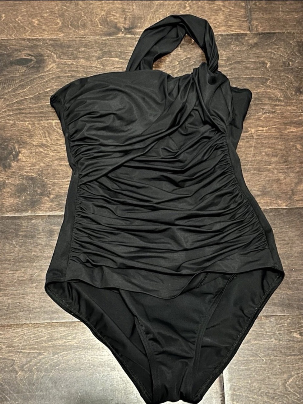 Lands' End One Shoulder Ruched Tummy Control Black One Piece Swimsuit Size 6